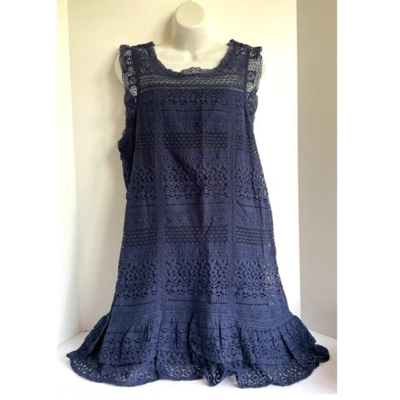 Joie Dress Cotton Ruffle Mini Dress Large Navy Blue Sleeveless Shift Shift Lace - Picture 5 of 12